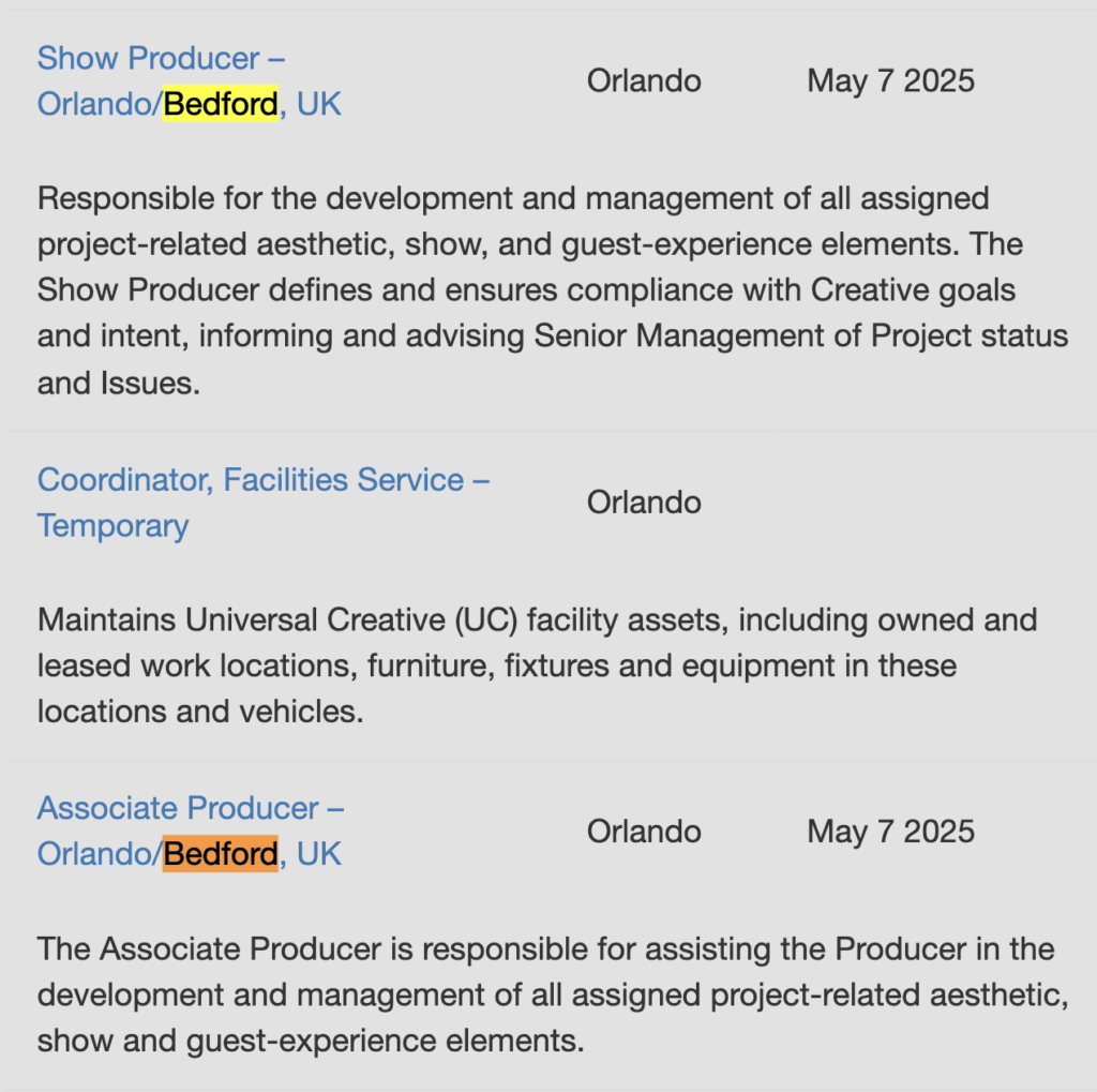 Universal Studios United Kingdom Producer Job Posting